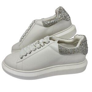 Steve Madden Womens White Sneakers With Rhinestone Heel, Size 11M